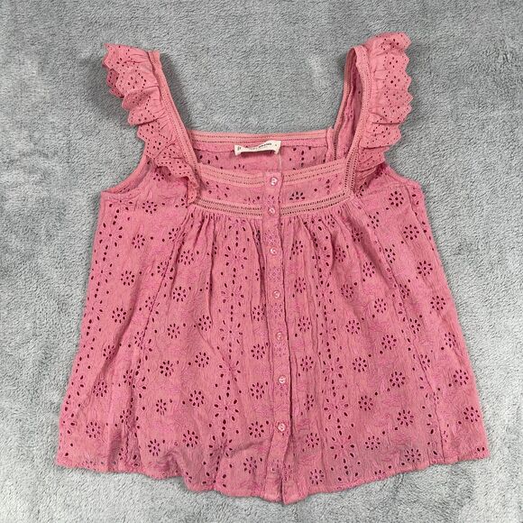 Lucky Brand Tank Top Womens Small Pink Embroidered Eyelet Floral Square Neck - Picture 1 of 10